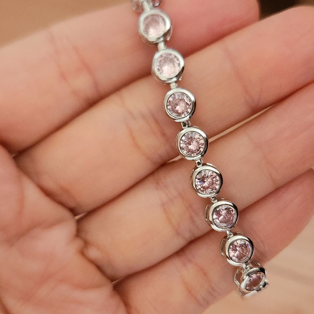 New 925 Silver Round Cut Pink Sapphire Bezel Setting Bracelet Women Extender - Picture 3 of 10